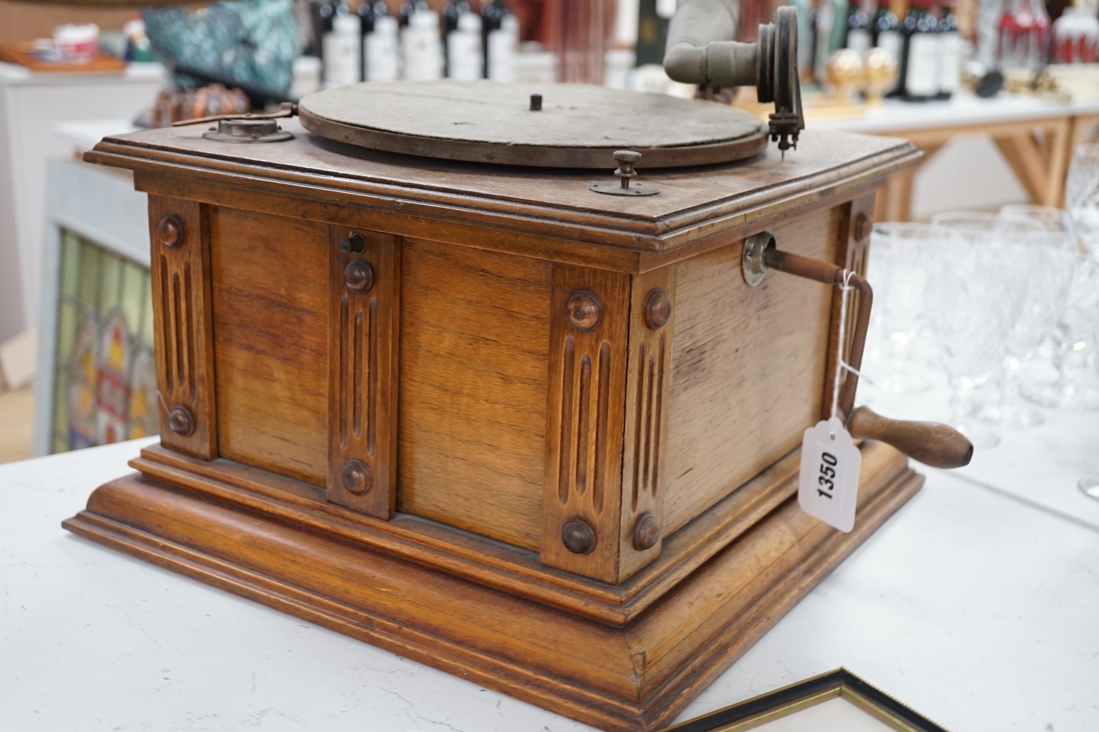 An early 20th century table top Gramophone, with large metal horn, 80cms high